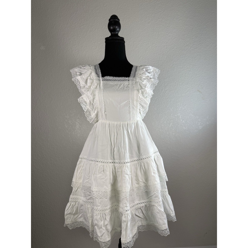 Francesca's Blue Rain Dress Ruffle White Lace Sleeves Boho XXS New With‎ Tag